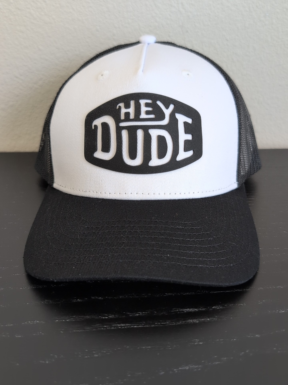 Hey Dude Black and White Logo Trucker Hat